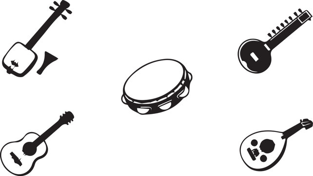 Black and white musical instruments, guitar, banjo, tambourine, vector icons, music symbols