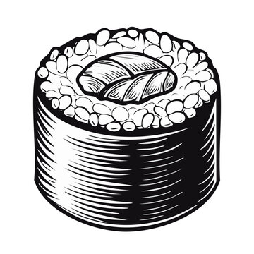 A minimalist black and white sushi maki silhouette isolated for web designers to design Japanese restaurant menus on a transparent background to convey Asian food culture