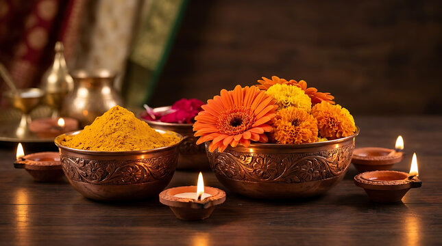 Traditional Indian ritual setup featuring ornate carved copper vessels with vibrant turmeric powder, orange gerbera daisies, marigold blossoms, and glowing tea light candles on dark background.
