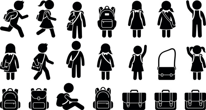 Flat vector illustration showing children walking, sitting, and carrying backpacks and school bags in monochrome style.