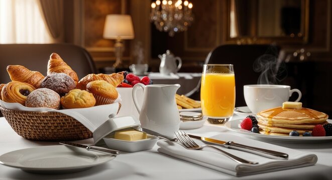 A luxurious hotel breakfast is presented on a table. A wicker basket overflows with pastries, including croissants, muffins, and sweet rolls.