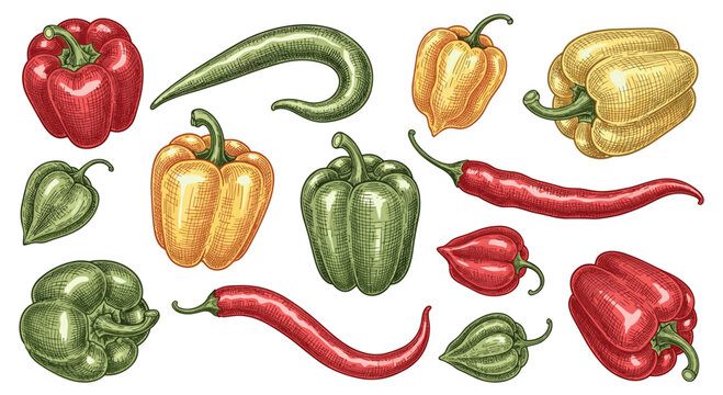 A diverse collection of colorful peppers including bell, chili, and habanero varieties rendered in a classic etched engraving style on a clean white background surface.