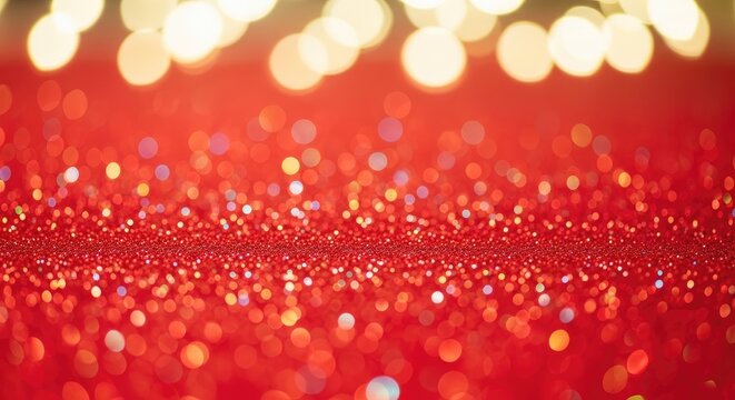 Red festive glitter background with golden bokeh lights