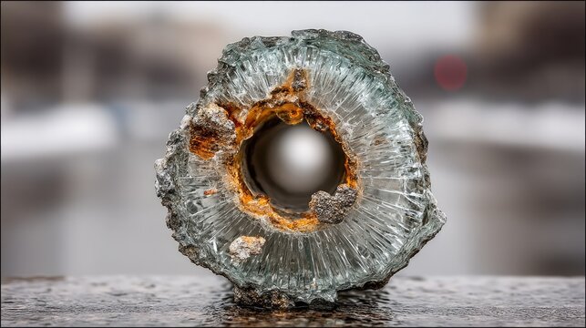 Weathered Glass Insulator with Rusted Center Resting on Wet Surface in Urban Setting