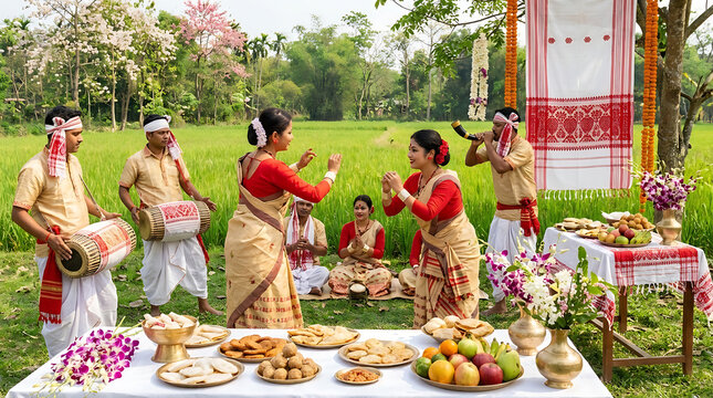 Traditional Assamese Bohag Bihu Festival Celebration featuring Gamosa Cloth Vibrant Spring Harvest Rituals Folklore Music and Blossoming Flowers Symbolizing Cultural Prosperity and Renewal in India
