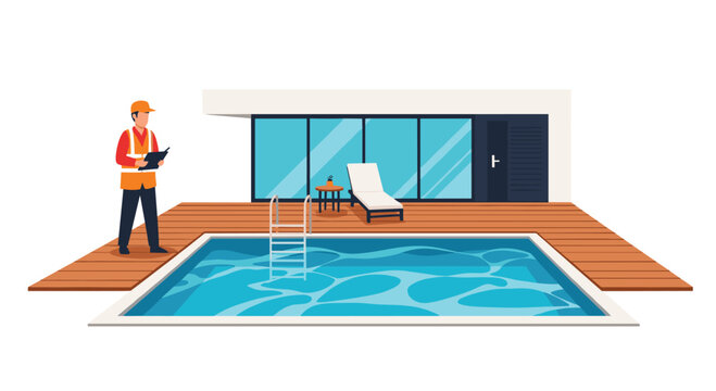 A building inspector wearing a high visibility vest and hard hat reviews a document on a wooden deck beside a rectangular swimming pool with a modern glass facade.