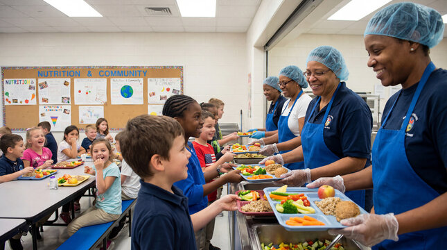 School cafeteria staff serve balanced lunch trays to children in line showing nutrition education healthy meals community care food service teamwork positive dining experience school wellness program