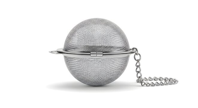 Tea Infuser Ball With Fine Mesh And Chain Handle On White Solid Background, Representing Tea Brewing Tradition, Modern Design, And Sustainable Tea Preparation Experience