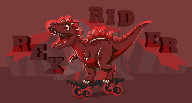 Angry dark red cartoon dinosaur open mouth skateboard Rex rider 3D letters stones