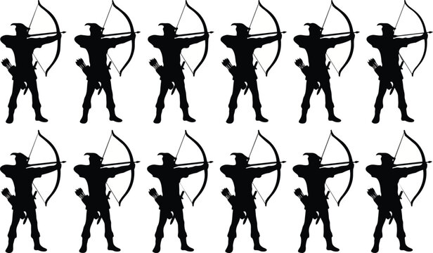 Multiple silhouettes of a medieval archer character aiming a longbow with arrows in a quiver ready for battle presented as a collection of isolated icons displayed on transparent background