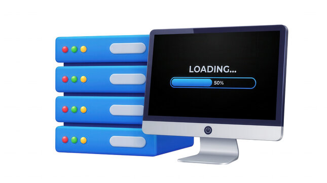 3d render of a computer monitor displaying a loading bar at 50 percent next to a stack of blue server units, representing data processing and cloud computing isolated on transparent background