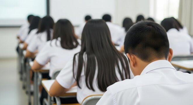 Back view of students sitting at desks in classroom