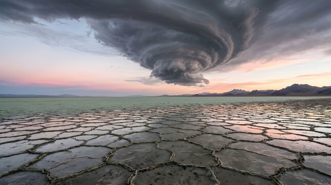 Dramatic supercell storm cloud over cracked desert floor, powerful tornado formation in twilight sky, extreme weather phenomenon in arid landscape