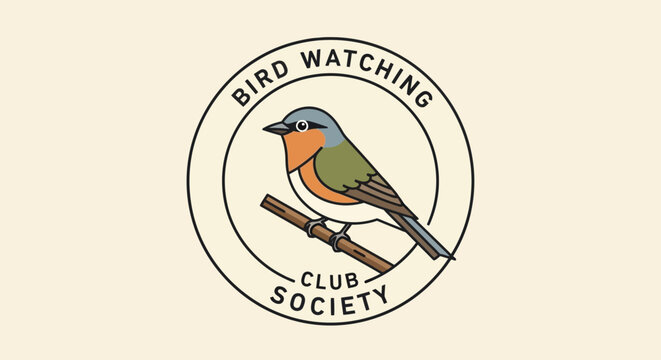 Bird Watching Club Society Emblem with Robin on Branch