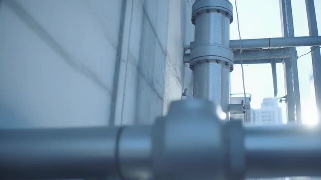 Industrial pipes and metal infrastructure connecting an urban environment, portraying a modern system distributing resources and energy within a developing cityscape