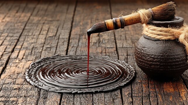 Rustic Brush Dripping Dark Ink Into Circular Pool on Wooden Table
