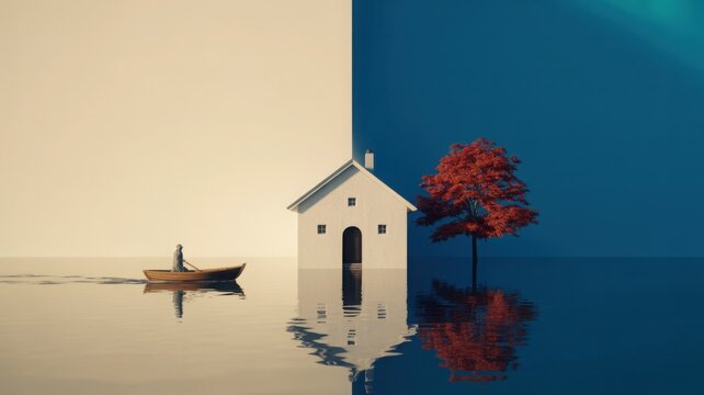 Minimalist surreal landscape with house and boat on water, conceptual split background of day and night, artistic reflection of home and red tree