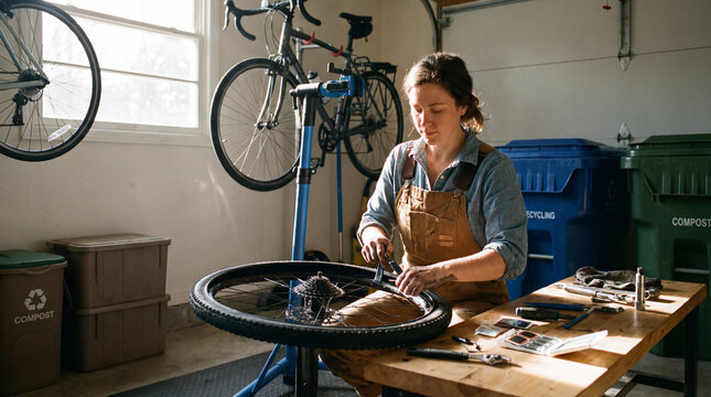 woman repairing bicycle wheel on workbench in garage with recycling bins nearby showing home maintenance circular living practical skills sustainable transport care self reliance workshop routine
