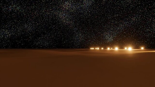 Cinematic desert landscape at night featuring glowing lights on the horizon under a vast starry sky, evocative of exploration and mystery.