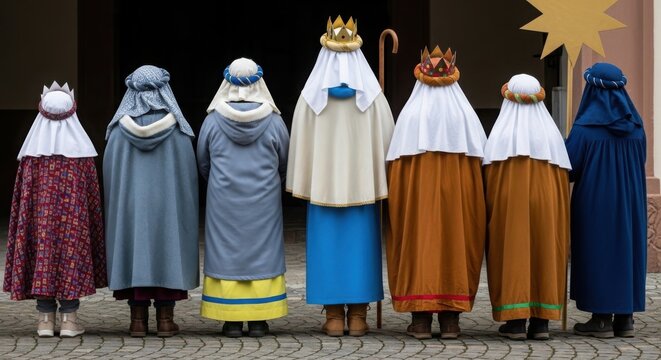 Cartoon characters in colorful medieval costumes with crowns