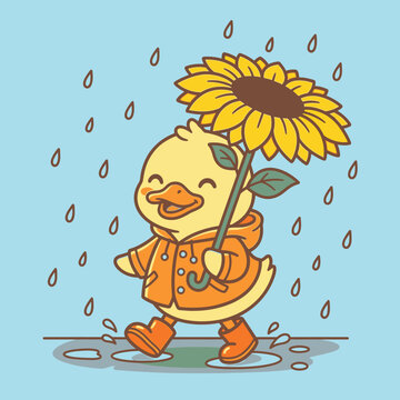 Cute duckling in rain with flower.