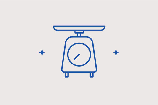 Mechanical kitchen scale line icon for weighing laundry or chemical ingredients. Precise vector illustration for laboratory equipment catalogs and vintage kitchen appliance blogs.