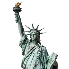 Obraz premium Statue of Liberty holding torch aloft with a tablet during daytime isolated on transparent background