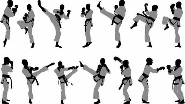 taekwondo silhouettes of jumping kicks and defensive poses on white background