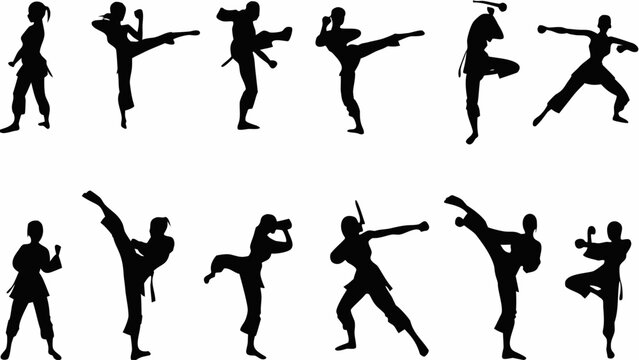Collection of martial artist silhouettes in dynamic fighting poses on white background