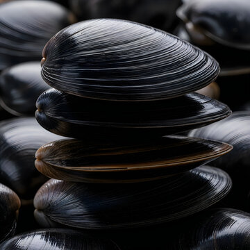 A close-up black and white photograph of stacked clam shells with detailed ridges and textures