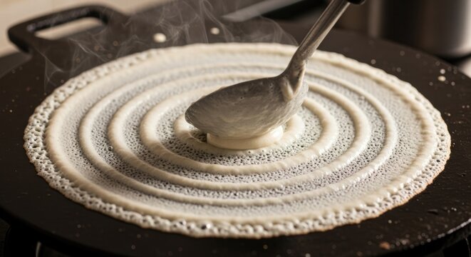 Cooking a thin, crispy South Indian dosa on a hot griddle with batter