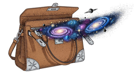 Surreal illustration of a galaxy emerging from an open leather briefcase © Noval