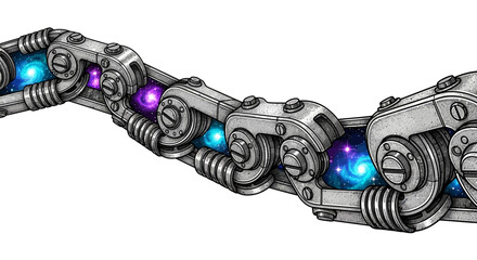 Industrial metal chain with cosmic galaxies and nebulae inside each link. © Noval