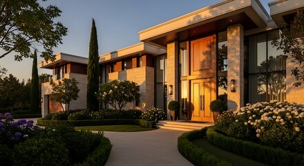 Fototapeta premium Modern luxury house exterior with wooden front door at sunset in a landscaped garden
