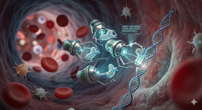 red blood cells with futuristic nanobots repairing DNA