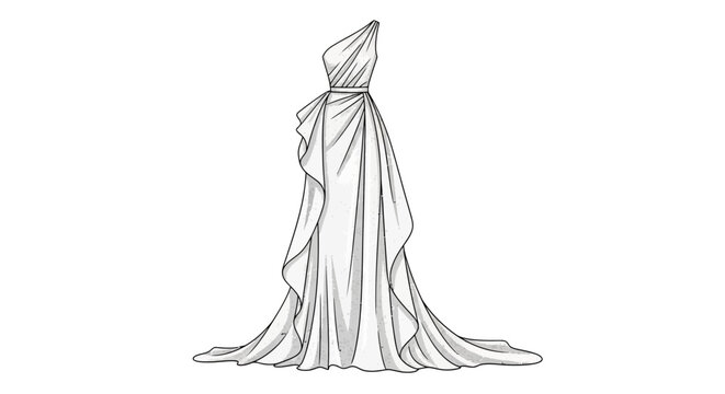 Elegant one-shoulder wedding dress with flowing ruffles and train.