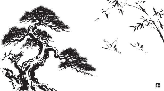 Classic East Asian ink painting depicting a venerable gnarled pine tree and elegant bamboo, symbolizing longevity, resilience, and nature's serene harmony