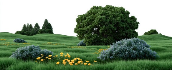 Naklejka premium Vibrant green meadow with wild blooms and bushes on a white backdrop for design ideas.