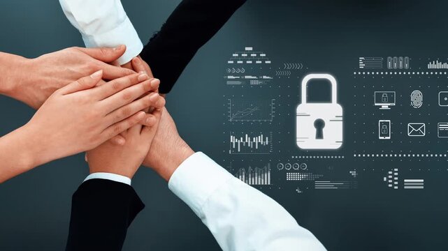 Diverse hands coming together symbolize unity in strengthening data security amidst digital threats, showcasing teamwork in cybersecurity through modern visuals and icons. Raster
