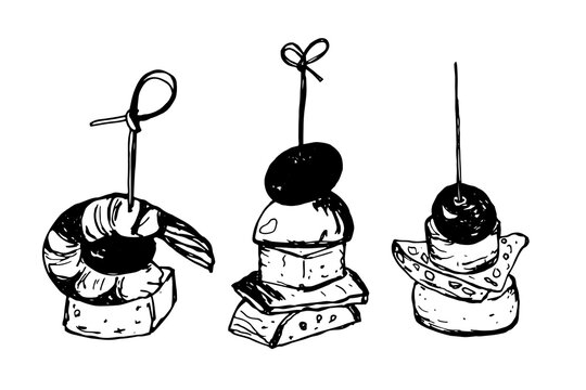 Canape set isolated Vector sketch, small sandwich strung on skewer. Snack for alcohol, appetizer. Black and white sketch on white background.