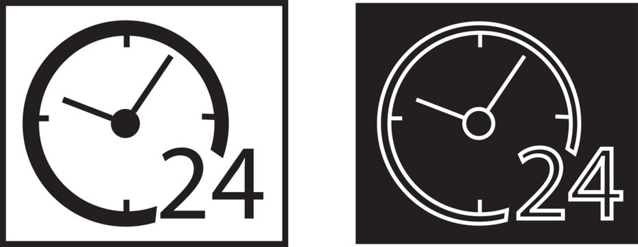 24 hour clock icon set isolated on white background, Vector, illustration .any time icon 24 7 service clock symbol in black and white .Time twenty four icon set , 24 hour service icon. 24 hours icon