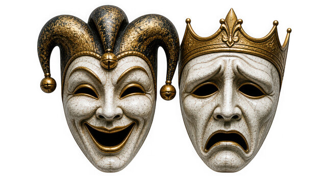 Comedy and tragedy theater masks one smiling jester the other a sad king isolated on transparent background