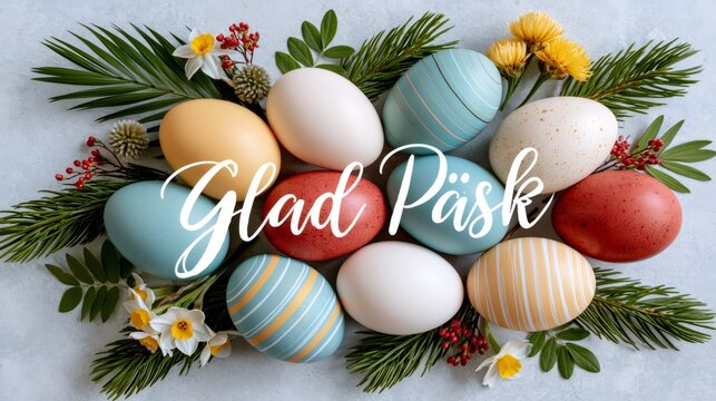 Glad P&aring;sk text with colorful Easter eggs and spring flowers