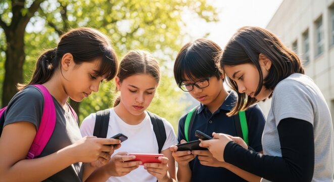 Four students collaborating on a laptop outdoors, wearing uniforms
