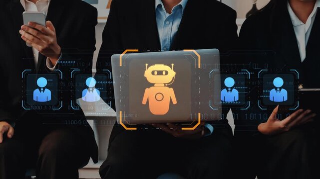 A group of business professionals engaging in a discussion about technology and artificial intelligence, featuring a robot and user icons displayed on a laptop screen. Raster