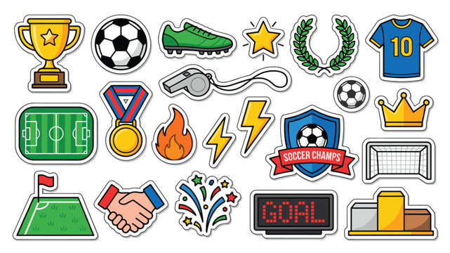 Football soccer sticker set vector icon collection with trophy ball jersey medal whistle field goal for sports tournament championship template poster banner
