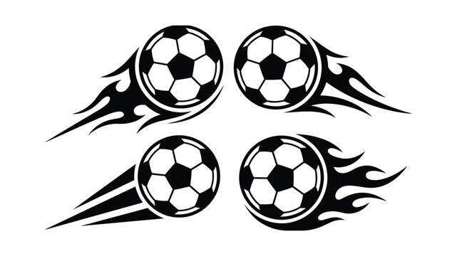 Soccer ball with flame vector icon set football fire tribal design for sports tournament championship logo template poster banner tattoo black silhouette