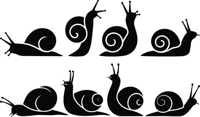 Black and White Icons of Snails in Various Poses, Modern Garden Nature and Slow Movement Vector Graphics, vector, illustration, silhouette. © naeem
