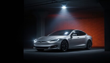 Fototapeta premium Luxury silver sedan on dark studio background, with dramatic lighting