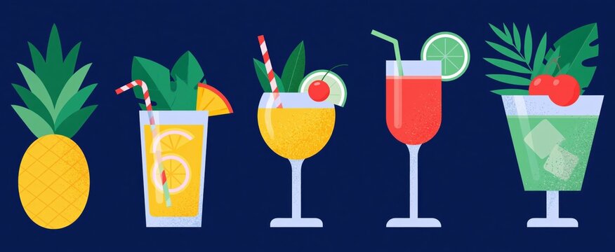 Colorful set of tropical mocktails in a sleek minimalist design style